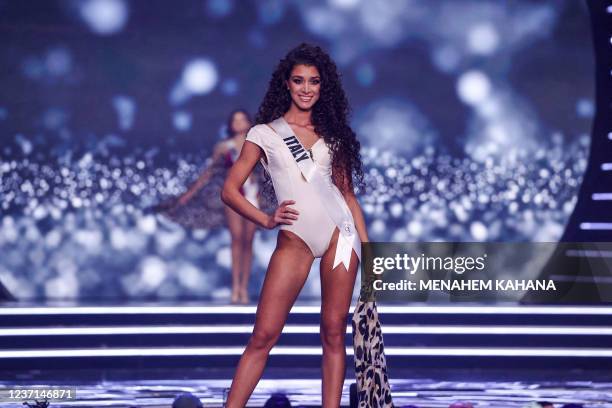 Miss Italy, Caterina Di Fuccia, presents herself on stage during the swimsuit competition of the preliminary stage of the 70th Miss Universe beauty...