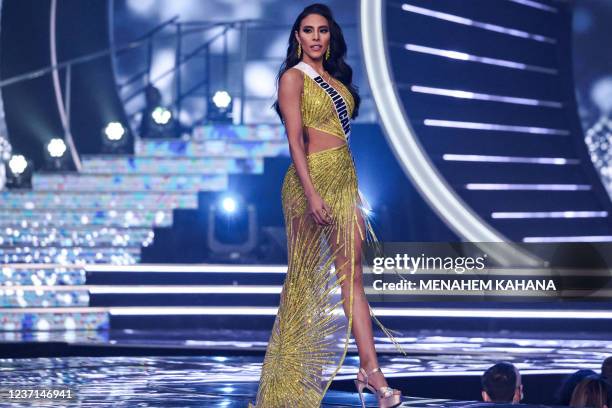 Miss Dominican Republic, Debbie Aflalo, presents herself on stage during the preliminary stage of the 70th Miss Universe beauty pageant in Israel's...