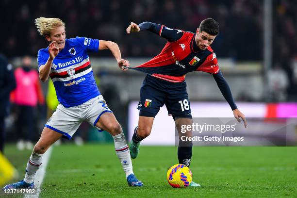 Morten Thorsby of Sampdoria and Paolo Ghiglione of Genoa vie for the ball during the Serie A match between Genoa CFC and UC Sampdoria at Stadio Luigi...