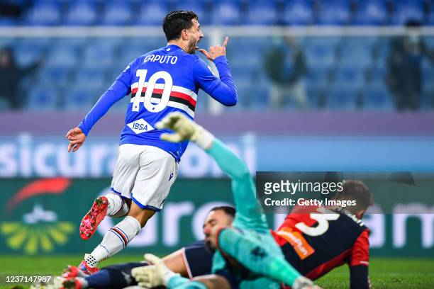 Francesco Caputo of Sampdoria celebrates after scoring a goal during the Serie A match between Genoa CFC and UC Sampdoria at Stadio Luigi Ferraris on...