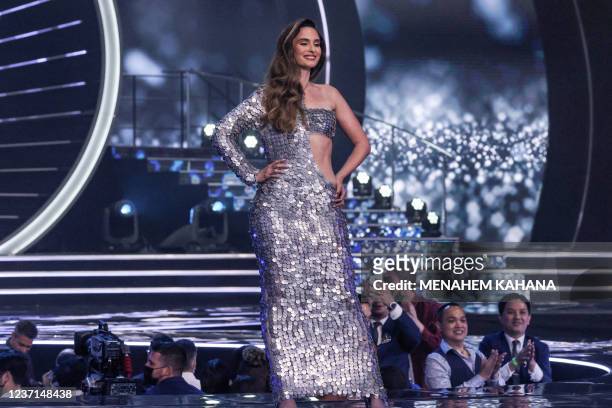 Miss Israel, Noa Cochva, appears on stage during the national costume presentation of the 70th Miss Universe beauty pageant in Israel's southern Red...