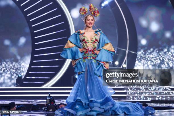 Miss Australia, Daria Varlamova, appears on stage during the national costume presentation of the 70th Miss Universe beauty pageant in Israel's...