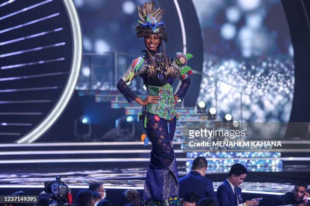 Miss Kenya, Roshanara Ebrahim appears on stage during the national costume presentation of the 70th Miss Universe beauty pageant in Israel's southern...