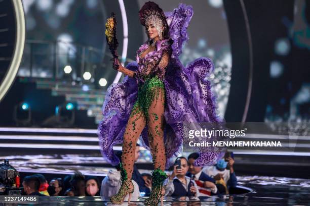 Miss Venezuela, Luiseth Materan, appears on stage during the national costume presentation of the 70th Miss Universe beauty pageant in Israel's...