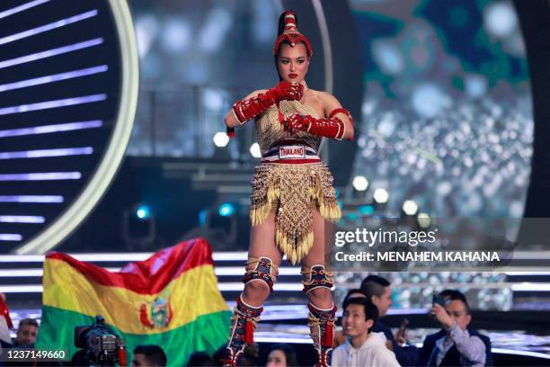 Miss Thailand, Anchilee Scott-Kemmis, appears on stage during the national costume presentation of the 70th Miss Universe beauty pageant in Israel's...