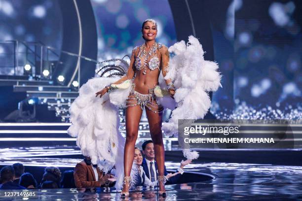 Miss France, Clemence Botino. Appears on stage during the national costume presentation of the 70th Miss Universe beauty pageant in Israel's southern...
