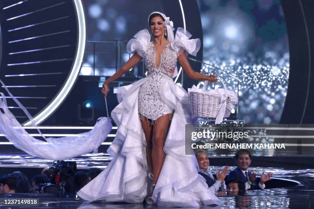 Miss Chile, Antonia Figueroa, appears on stage during the national costume presentation of the 70th Miss Universe beauty pageant in Israel's southern...