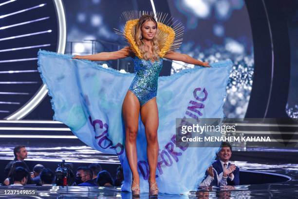 Miss Finland, Essi Unkuri, appears on stage during the national costume presentation of the 70th Miss Universe beauty pageant in Israel's southern...