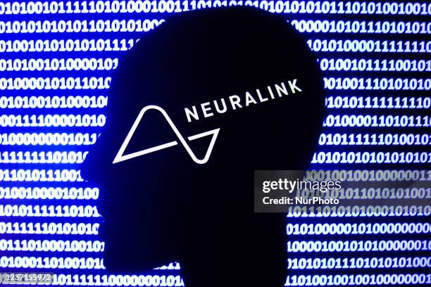 Neuralink logo displayed on a phone screen, a silhouette of a paper in shape of a human face and a binary code displayed on a screen are seen in this...