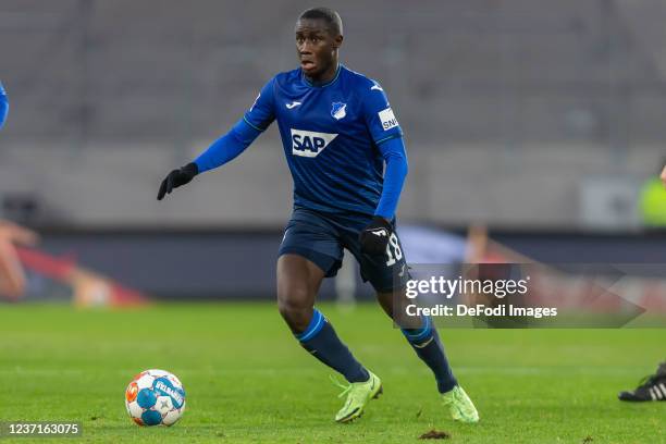 Diadie Samassekou of TSG 1899 Hoffenheim controls the Ball during the Bundesliga match between Sport-Club Freiburg and TSG Hoffenheim at SC-Stadion...