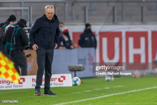 Head coach Christian Streich of SC Freiburg looks dejected during the Bundesliga match between Sport-Club Freiburg and TSG Hoffenheim at SC-Stadion...
