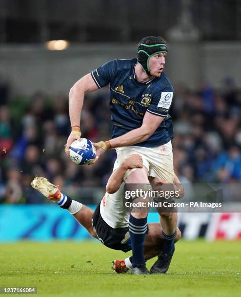 Leinster Rugby's Ryan Baird and Bath Rugby's Jacques Du Toit in action during the Heineken Champions Cup match at Aviva Stadium, Dublin. Picture...