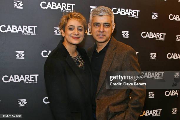 Saadiya Khan and Mayor of London Sadiq Khan attend the first gala performance of "Cabaret At The Kit Kat Club" on December 11, 2021 in London,...