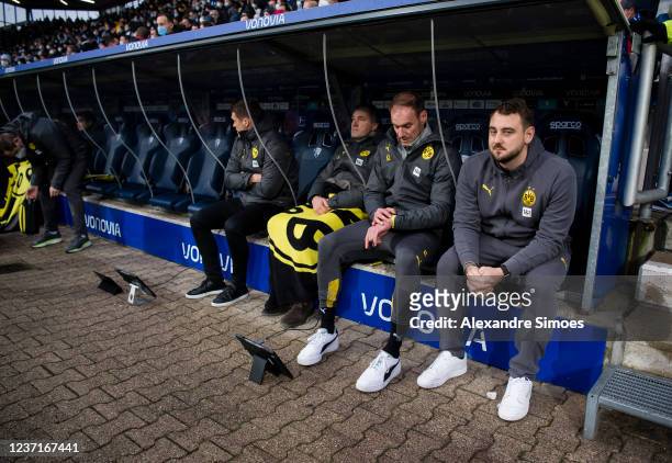 Co-Trainer Alexander Zickler and Co-Trainer Rene Maric during the Bundesliga match between VfL Bochum and Borussia Dortmund at Vonovia Ruhrstadion on...