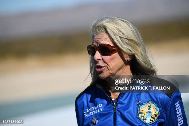 Crew member Laura Shepard Churchley , eldest daughter of famed NASA astronaut Alan Shepard, speaks to the press after the successful launch of the...