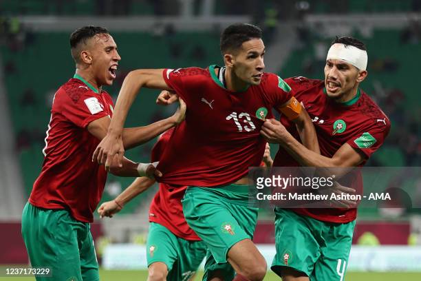 Badr Benoun of Morocco celebrates after scoring a goal to make it 2-2 during the FIFA Arab Cup Qatar 2021 Quarter-Final match between Morocco and...