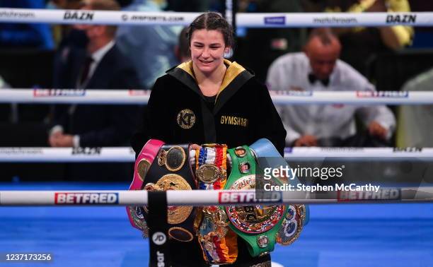 Liverpool , United Kingdom - 11 December 2021; Katie Taylor after her Undisputed Lightweight Championship bout against Firuza Sharipova at M&S Bank...