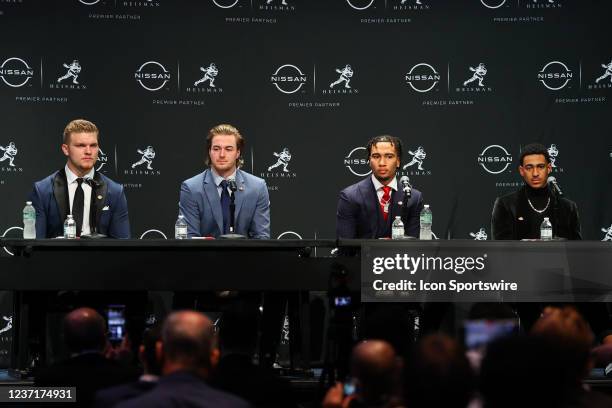 The Heisman Trophy finalists defensive end Aidan Hutchinson from Michigan, quarterback Kenny Pickett from Pittsburgh, quarterback C.J. Stroud from...