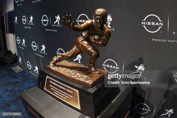 General view of the Heisman Trophy at the Marriott Marquis in New York on December 11, 2021 in New York City, NY.