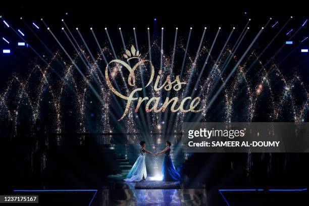 Miss Martinique Floriane Bascou and Miss Ile-de-France Diane Leyre wait for the result of the newly elected Miss France 2022 during the Miss France...