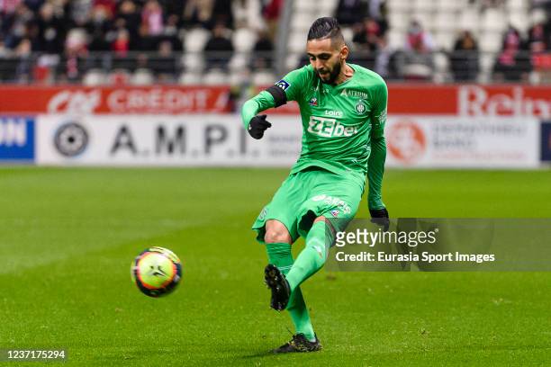 Ryad Boudebouz of Saint-Etienne looks to pass the ball during the Ligue 1 Uber Eats match between Stade de Reims and AS Saint-Etienne at Stade...