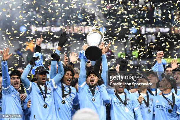 The New York City FC celebrate winning the 2021 MLS Cup during the MLS Cup Final between the Portland Timbers and New York City FC on December 11,...