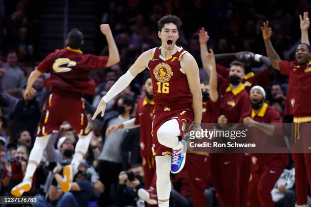 Cedi Osman of the Cleveland Cavaliers celebrates after hitting a three point shot against the Sacramento Kings during the first half at Rocket...