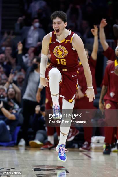 Cedi Osman of the Cleveland Cavaliers celebrates after hitting a three point shot against the Sacramento Kings during the first half at Rocket...