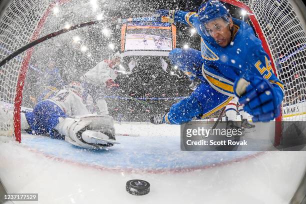 Dakota Joshua of the St. Louis Blues scores a goal against the Montreal Canadiens at the Enterprise Center on December 11, 2021 in St. Louis,...