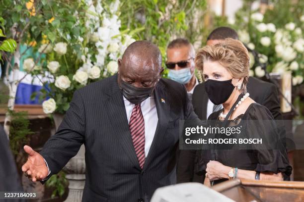 South African President Cyril Ramaphosa is seen with Elita Georgiades , wife of former South African President FW de Klerk, during de Klerk's state...