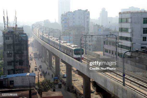 First ever metro rail train runs during its formal trial from Uttaras Diabari to Agargoan in Dhaka, Bangladesh, December 12, 2021. According the...