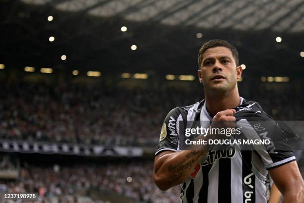 Atletico Mineiro's Hulk celebrates after scoring against Athletico Paranaense during the first leg football match of the 2021 Brazil Cup final at the...