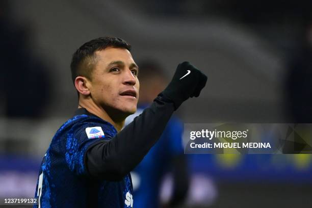 Inter Milan's Chilean forward Alexis Sanchez celebrates after scoring his team's second goal during the Italian Serie A football match between Inter...
