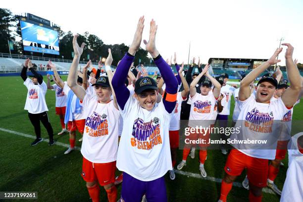 George Marks of the Clemson Tigers celebrates after defeating the Washington Huskies during the Division I Mens Soccer Championship held at Sahlens...