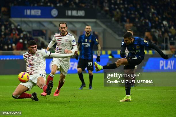 Inter Milan's Chilean forward Alexis Sanchez kicks the ball during the Italian Serie A football match between Inter Milan and Cagliari at the...