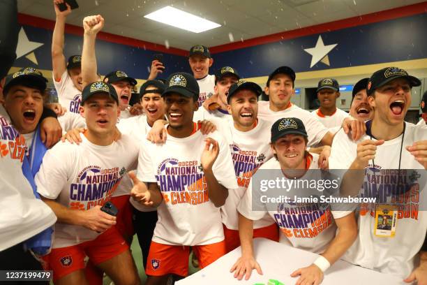 The Clemson Tigers celebration their victory over the Washington Huskies during the Division I Mens Soccer Championship held at Sahlens Stadium at...