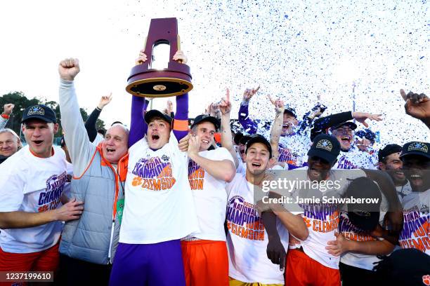 The Clemson Tigers celebration their victory over the Washington Huskies during the Division I Mens Soccer Championship held at Sahlens Stadium at...