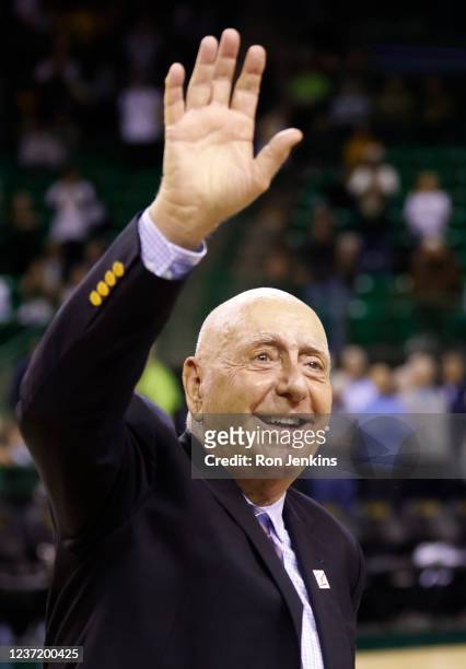 Sports commentator Dick Vitale waves to fans before Sundays Baylor-Villanova game at the Ferrell Center on December 12, 2021 in Waco, Texas.