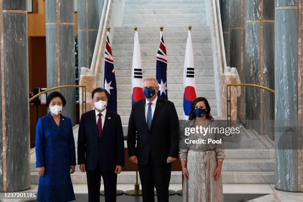 Australian Prime Minister Scott Morrison with First Lady Jenny Morrison pose for photographs with South Korean President Moon Jae-in and First Lady...