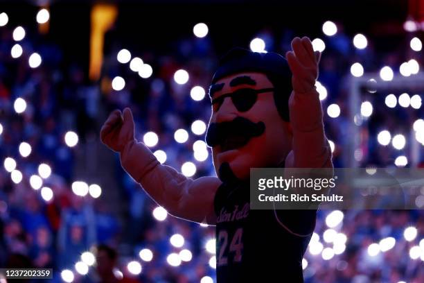 The Seton Hall Pirates mascot cheering on the crowd before a game against the Rutgers Scarlet Knights at Prudential Center on December 12, 2021 in...