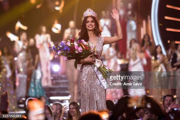 Miss Universe Harnaaz Sandhu of India waves onstage at the 70th Miss Universe Competition on December 12, 2021 in Eilat, Israel.