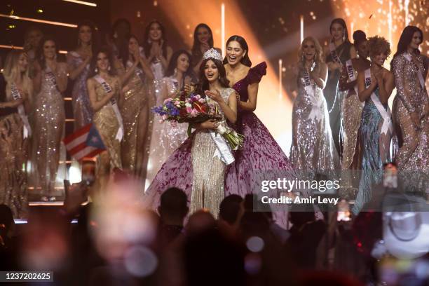 Miss Universe Harnaaz Sandhu of India is crowned by Miss Universe 2020 Andrea Meza of Mexico at the 70th Miss Universe Competition on December 12,...