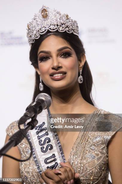 The new Miss Univerese Harnaaz Sandhu from India speaks to the press after the 70th Miss Universe Competition on December 12, 2021 in Eilat, Israel.