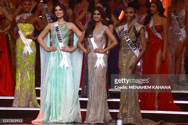 The final three Miss Universe contestants Miss Paraguay, Nadia Ferreira; Miss India, Harnaaz Sandhu; and Miss South Africa, Lalela Mswane await the...
