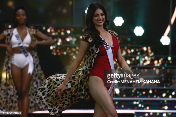 Miss India, Harnaaz Sandhu, presents herself during the swimsuit competition of the 70th Miss Universe beauty pageant in Israel's southern Red Sea...