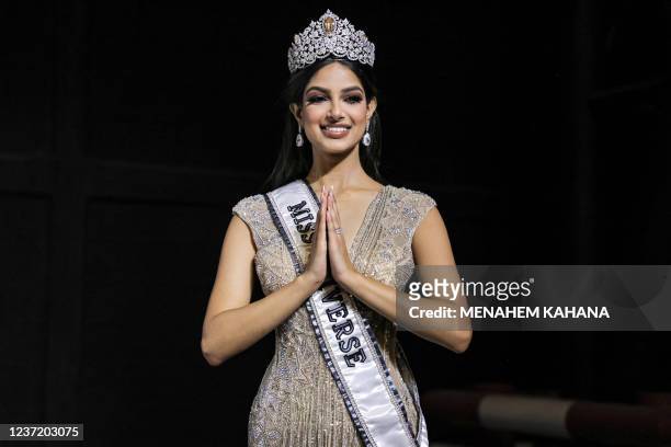 Miss Universe 2021 Harnaaz Sandhu poses for photos after winning the 70th Miss Universe beauty pageant in Israel's southern Red Sea coastal city of...