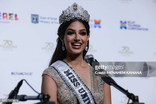 Miss Universe 2021 Harnaaz Sandhu speaks to reporters after winning the 70th Miss Universe beauty pageant in Israel's southern Red Sea coastal city...