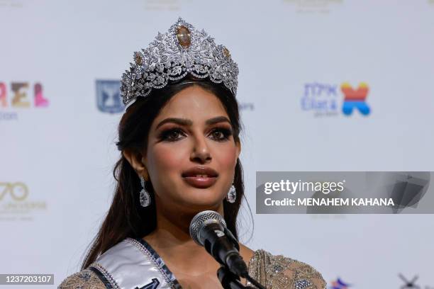 Miss Universe 2021 Harnaaz Sandhu speaks to reporters after winning the 70th Miss Universe beauty pageant in Israel's southern Red Sea coastal city...