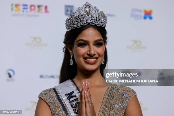 Miss Universe 2021 Harnaaz Sandhu speaks to reporters after winning the 70th Miss Universe beauty pageant in Israel's southern Red Sea coastal city...