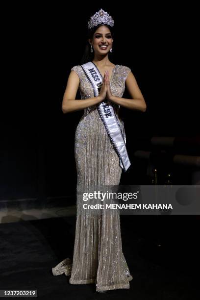 Miss Universe 2021 Harnaaz Sandhu poses for photos after winning the 70th Miss Universe beauty pageant in Israel's southern Red Sea coastal city of...